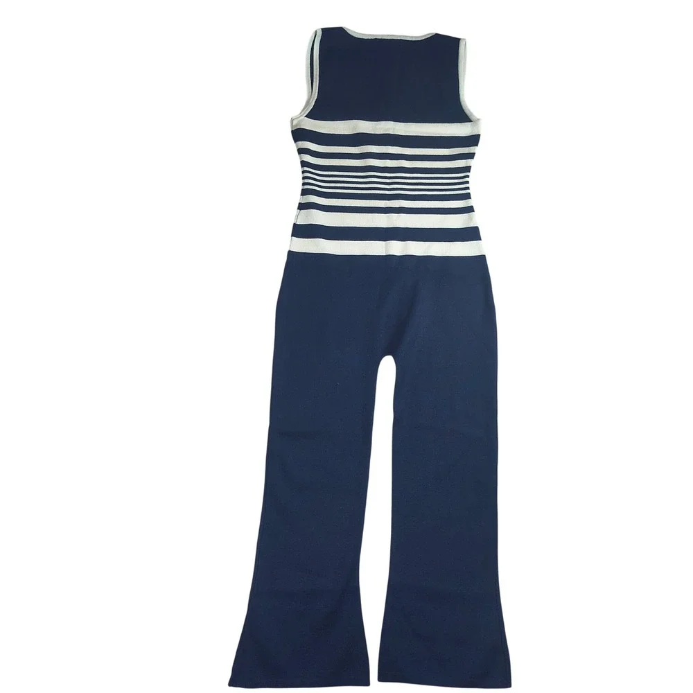 Fashion Nova Below Deck Capri Jumpsuit Navy Combo Striped Knit Size Small NWT